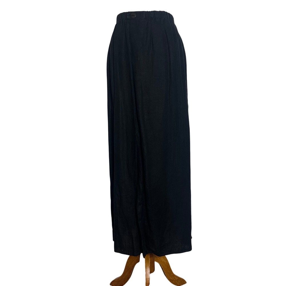 FLAX by Jeanne Engelhart Black 100% Linen Maxi Skirt Womens M Side Slits Pocket